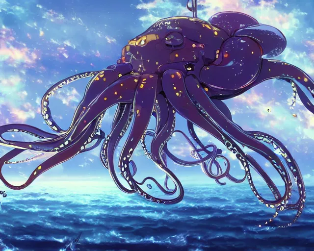 Image similar to beautiful picture of a giant mecha octopus, floating in space, anime style, art by Hajime Katoki, trending on artstation