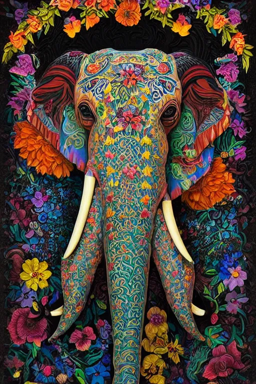 Prompt: Painted dark-wood relief carving of a Flowerpunk Matriarch Elephant, explosion of colorful flowers, dark wood, intricately carved, black ink, festival of rich colors, intricate details, cinematic lighting, volumetric lighting, backlit, post-processing, by andreas rocha and john howe, and Martin Johnson Heade, featured on artstation, featured on behance, golden ratio, ultrawide angle, hyper detailed, photorealistic, epic composition, wide angle, f32, well composed, UE5, 8k