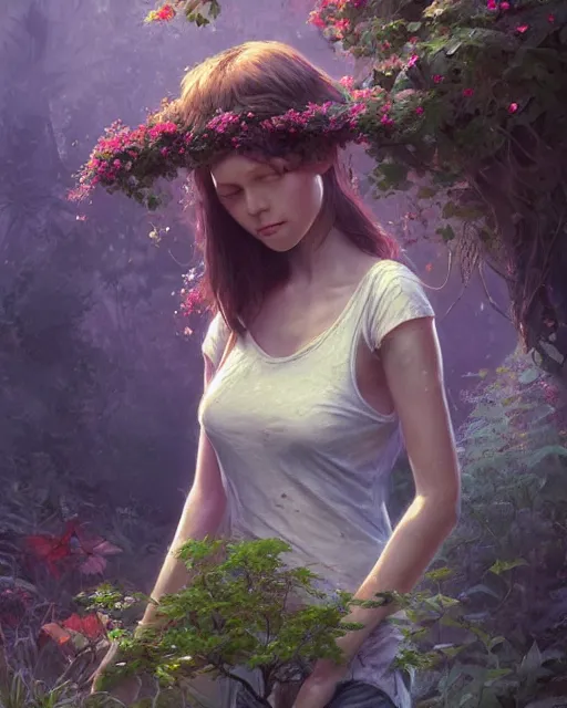 Image similar to a beautiful girl is taking care of the garden in a beautiful and varied vegetation dream garden with quality pruning shears, artstation greg rutkowski, cinematic, hyperrealist, beautiful face and features, the most beautiful girl digital art, light essential calm quality wlop projection render