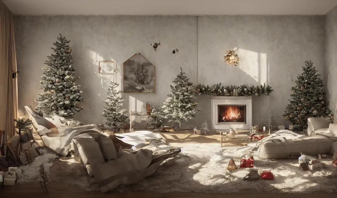 Image similar to a christmas eve in a beautiful home, photorealistic landscape painting on the wall, ascher clemens, home, interior, octane render, deviantart, greg rutkowski, cinematic, key art, hyperrealism, canon eos c 3 0 0, ƒ 1. 8, 3 5 mm, 8 k, medium - format print