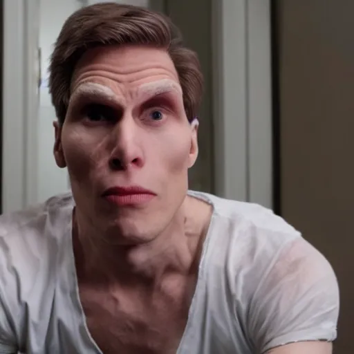 Image similar to Live Action Still of Jerma in Psycho, real life, hyperrealistic, ultra realistic, realistic, highly detailed, epic, HD quality, 8k resolution, body and headshot, film still