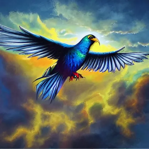 Image similar to magic bird with colourful feathers flying in the dramatic sky highly detailed, hyper realistic, dreamworld, symbolism