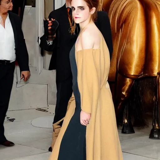 Prompt: emma watson transforming into a blonde horse in the middle of a living room, anthropomorphic mare