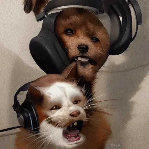 Prompt: a dog and cat wearing headphones smiling, 8 k resolution, digital art, serene, marco lens, by greg rutkowski, wlop, artgerm, artstation