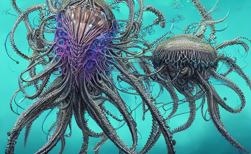 Prompt: sci - fi biomechanical, colored, unreal engine, fractal flame, monster character design, fantasy. intricate jellyfish crab eagle lizard biomechanical. by ernst haeckel