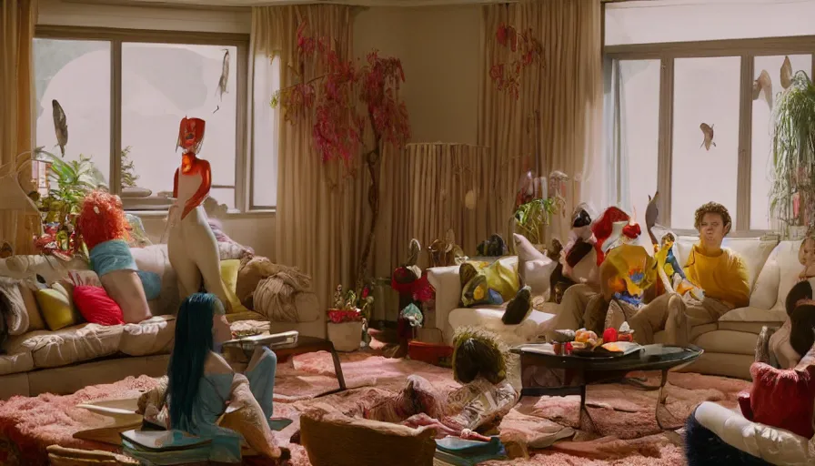 Prompt: movie still by alejandro jodorowsky of a beautiful day in a family living room in suburban usa, visible magic energy, dream creature costumes, floating large fruit, exotic aquarium, digital parade float, cinestill 8 0 0 t eastmancolor technicolor, high quality, very detailed, heavy grain, fine facial features, 8 k, octane render