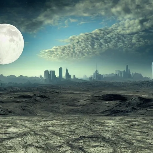 Image similar to sci-fi landscape realistic moonscape with city in distance, craters and harsh sunlight HD widescreen