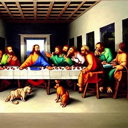 Prompt: painting of the last supper with dogs, mural by michelangelo