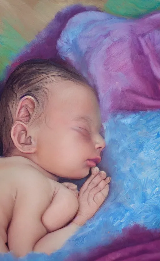 Prompt: beautiful detailed painting of a baby sleeping peacefully. award winning. vibrant colors, funny, personal, positive, visually pleasing, engaging. high resolution. high quality. hq hd. 8 k. trending on artstation.