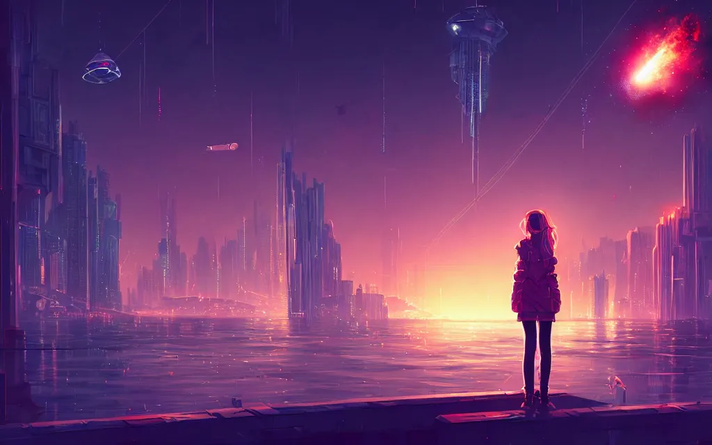 Image similar to girl staring at a meteorite hitting a floating cyberpunk city at night by wlop, low poly art, ultra detailed color art, high detail, digital art