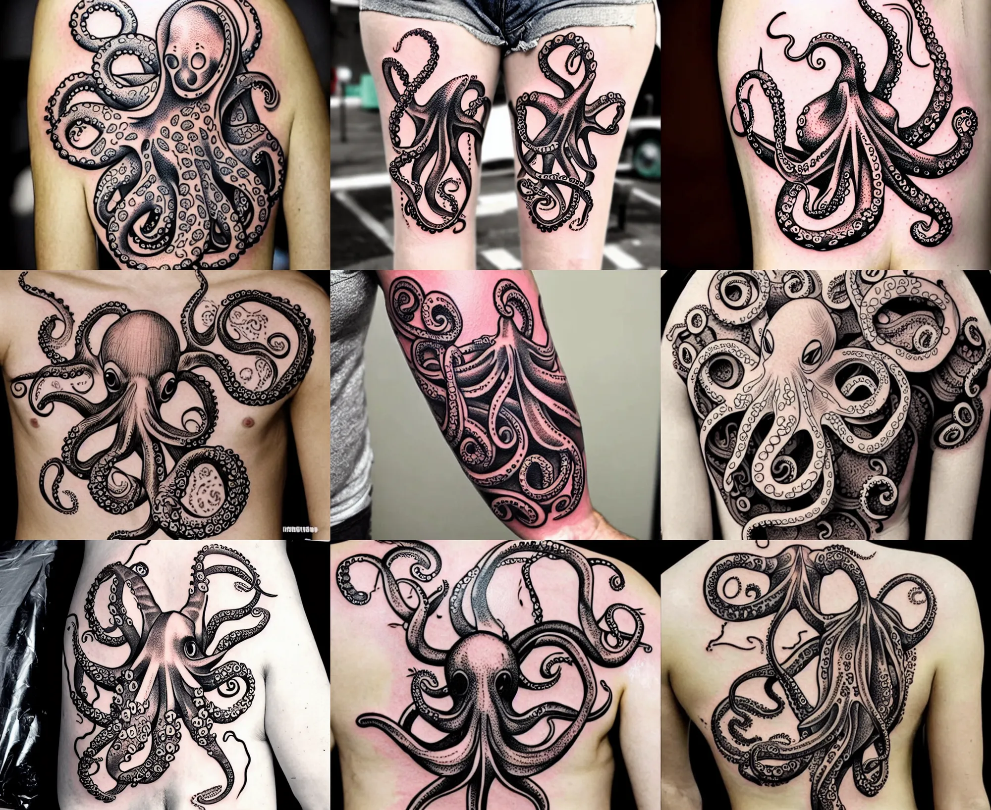 Image similar to detailed amazing floral tattoo stencil of a cartoon octopus