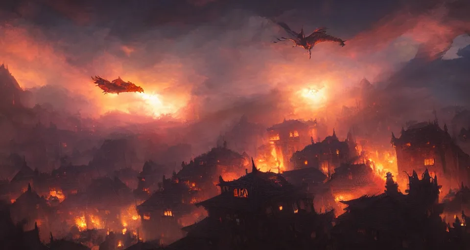 Image similar to book illustration of flying dragon above the village. Burning houses dragon fire breath. Atmospheric beautiful by Eddie mendoza and Craig Mullins. volumetric lights