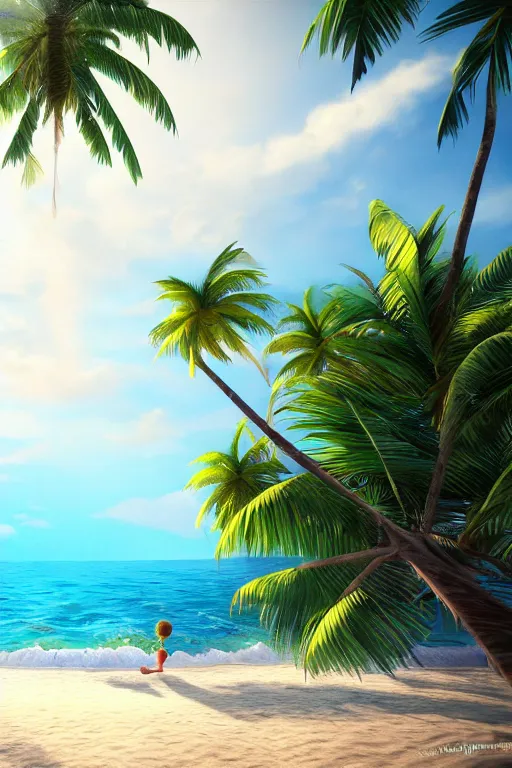 Prompt: a beautiful children ’ s illustration on paper of a beach with coconut palms 8 k, frostbite 3 engine, cryengine, dof, trending on artstation, digital art, crepuscular ray