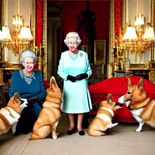 Image similar to tabloid photo of queen elizabeth having gin martinis with her corgis who are also having gin martinis, the corgis are wearing sweaters, royal palace interior, natural sunlight, soft focus, highly detailed, depth of field