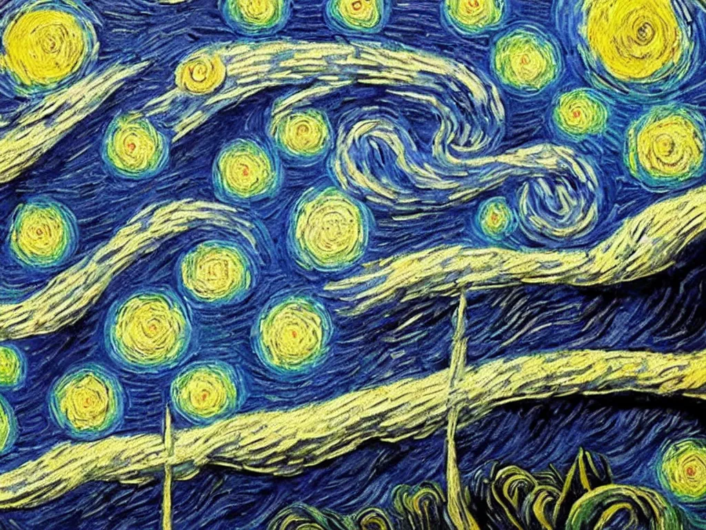 Prompt: van gogh starry night flipped on its side