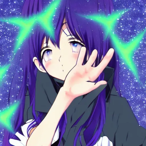 Prompt: anime illustration of stars falling from her fingertips