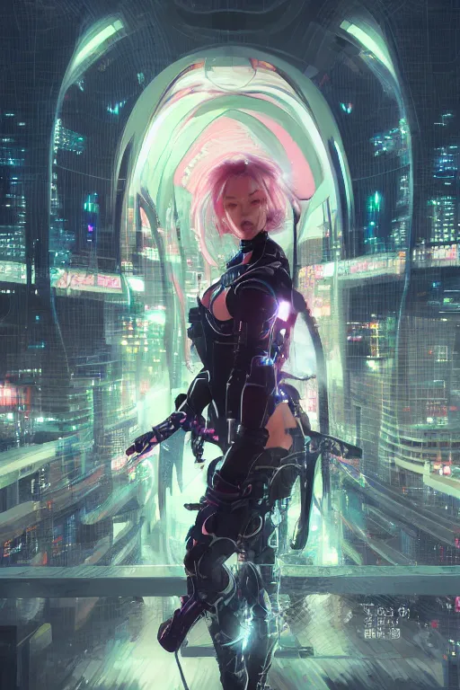 Image similar to portrait futuristic Ninja Girl, in future cyberpunk tokyo rooftop , ssci-fi, fantasy, intricate, very very beautiful, elegant, neon light, highly detailed, digital painting, artstation, concept art, smooth, sharp focus, illustration, art by tian zi and WLOP and alphonse mucha