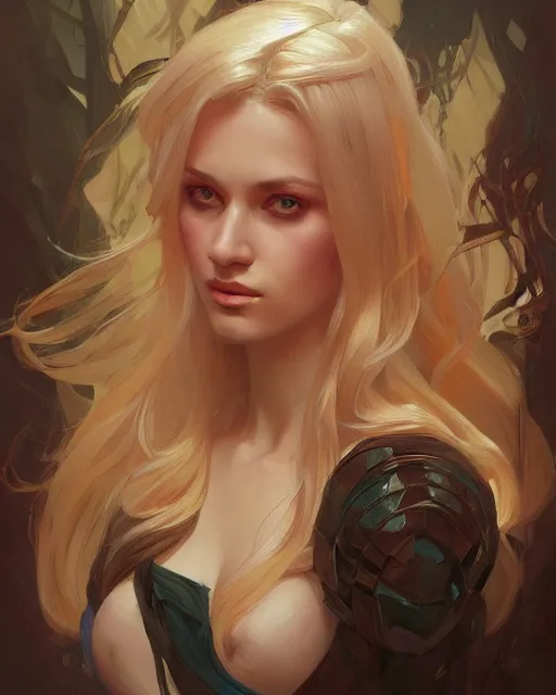 Image similar to '' Portrait of Beautiful blonde Slavic woman in her early 30’s, league of legends, LOL, fantasy, d&d, digital painting, artstation, concept art, sharp focus, illustration, art by greg rutkowski and alphonse mucha ''