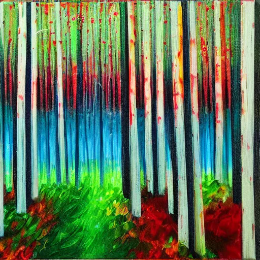 Image similar to paint of acrylic dripped forest with green, blue, red tree trunks. acrylic on canvas, postmodern, impressionist