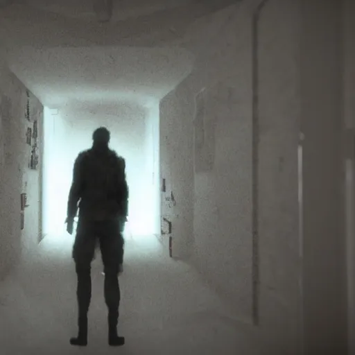 Prompt: in the house of p. t., dark hallway, bad camrea, hideo kojima's ghost form appears in front of you, unreal engine 5