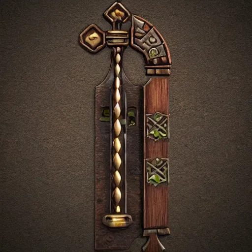 Image similar to a medieval wooden key for the doors, rpg game inventory item, Warcraft style, outer glow, solid background, trending on artstation