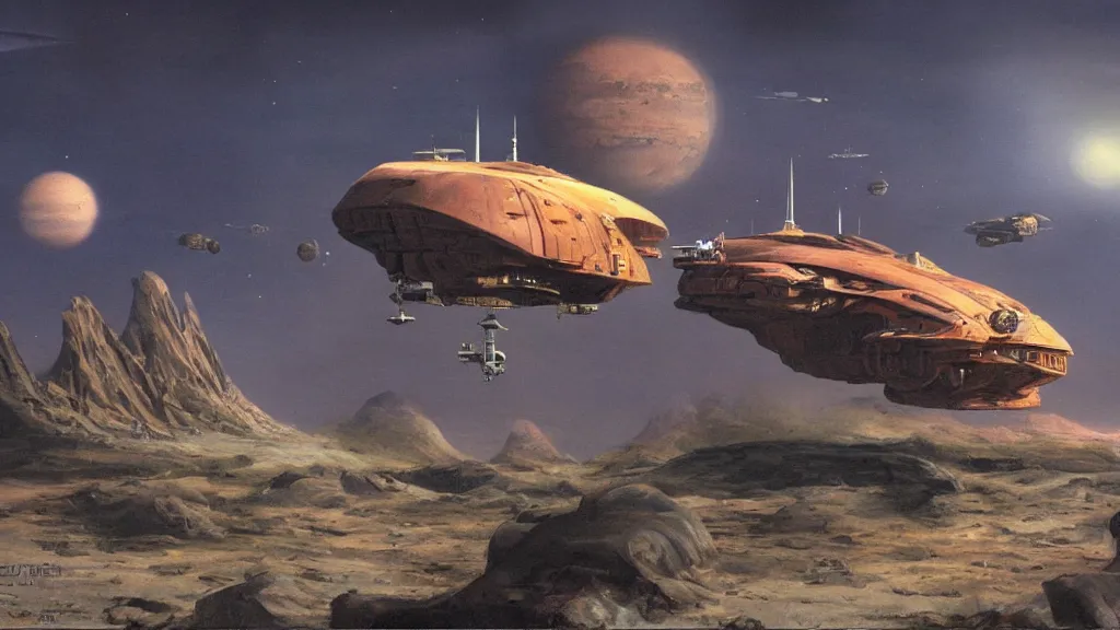 Image similar to small organic dropship lander by john schoenherr and jim burns, epic cinematic matte painting