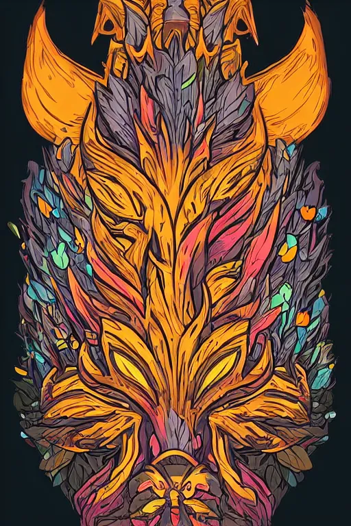 Image similar to animal mask totem roots flower tribal feather gemstone plant wood rock shaman vodoo video game vector cutout illustration vivid multicolor borderlands comics by josan gonzales and dan mumford radiating a glowing aura