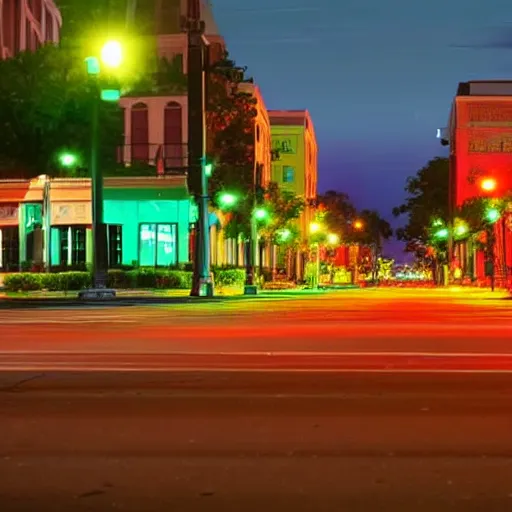 Prompt: colorful lithograph of a high resolution photo of downtown Tallahassee at night, long shot with deep depth of field f/22 35mm, trending on shutterstock