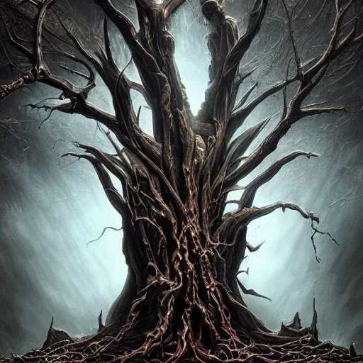 Image similar to Photorealistic demonic eldritch tree in the style of Michael Whelan and Gustave Dore. Hyperdetailed photorealism, 108 megapixels, amazing depth, glowing rich colors, powerful imagery, psychedelic Overtones, 3D finalrender, 3d shading, cinematic lighting, artstation concept art