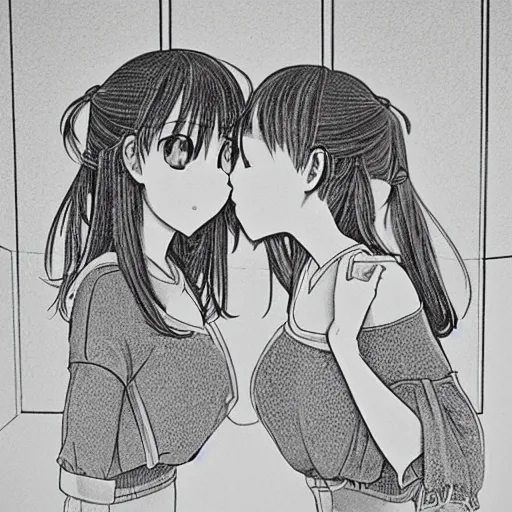 Image similar to portrait of two girls kissing, detailed manga art