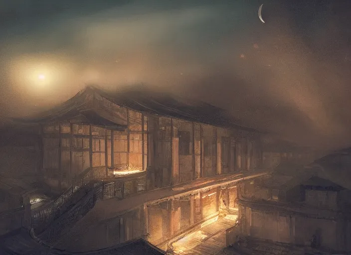 Image similar to a chinese prison at night lit by the stars, wispy smoke, highly detailed face, very intricate, symmetrical, cinematic lighting, award - winning, painted by mandy jurgens, peter doig, dystopian, bold colors, dark vibes, featured on artstation