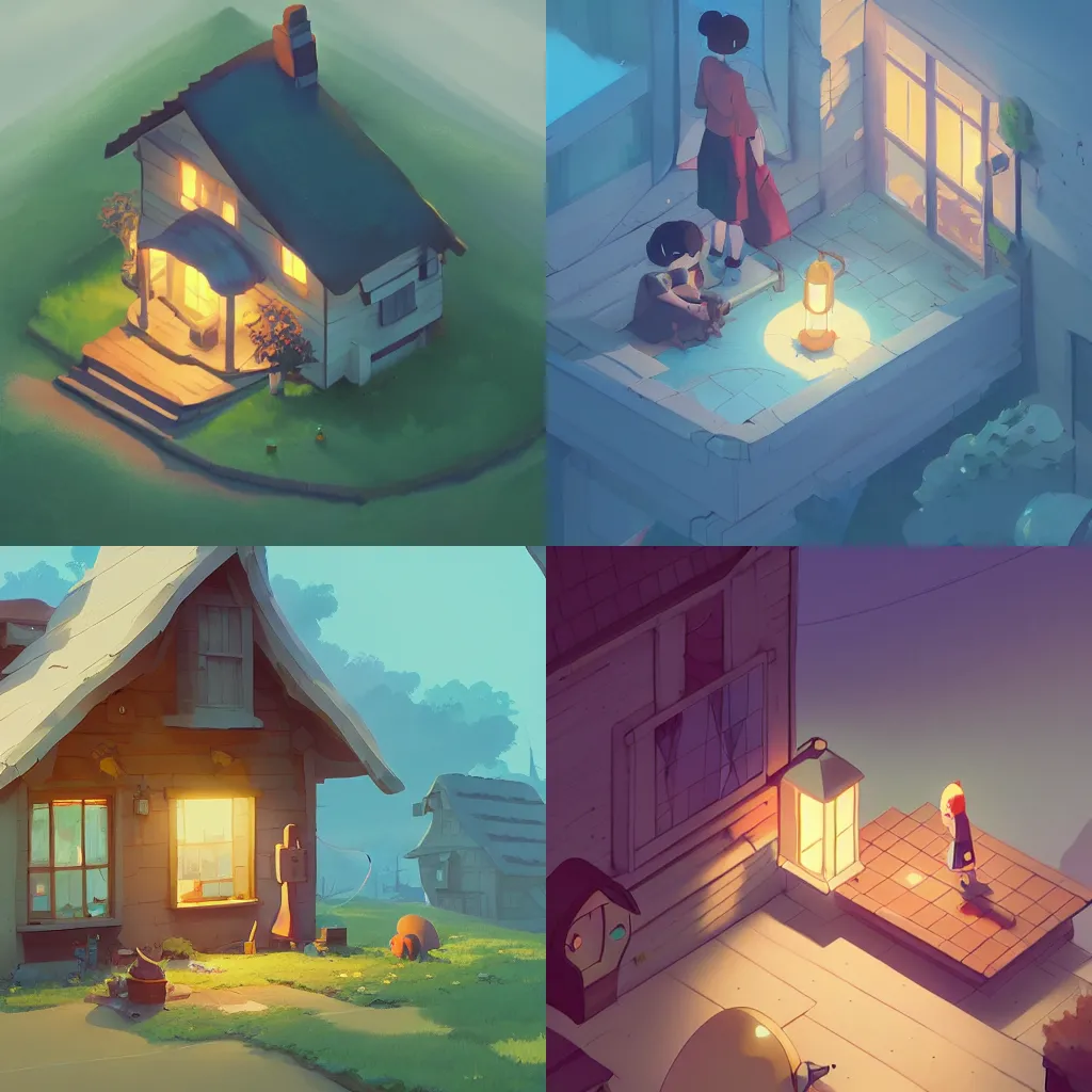 Prompt: isometric cottage, cory loftis, james gilleard, atey ghailan, makoto shinkai, tooth wu, studio ghibli, rim light, exquisite lighting, clear focus, very coherent, plain background, soft painting