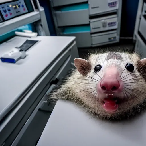 Image similar to anthropomorphic opossum wearing human clothes, laying dead on its back on a coroner's table in a morgue, bright florescent lighting, scientific and medical equipment in the background, zoomed out, movie still, photograph, 4k