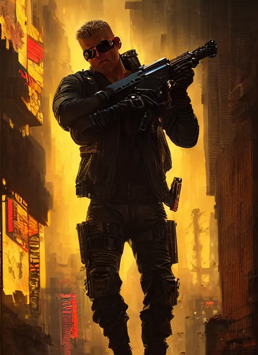 Image similar to duke nukem. cyberpunk mercenary in a military vest ( blade runner 2 0 4 9, cyberpunk 2 0 7 7 ). orientalist portrait by john william waterhouse and james gurney and theodore ralli and nasreddine dinet, oil on canvas. cinematic, hyper realism, realistic proportions, dramatic lighting, high detail 4 k