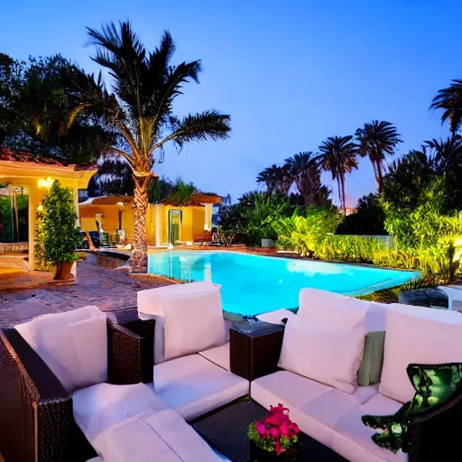 Prompt: Backyard with a pool, palm trees and patio with a fireplace in the middle of the sofas, big beautiful street lamps, Night Time