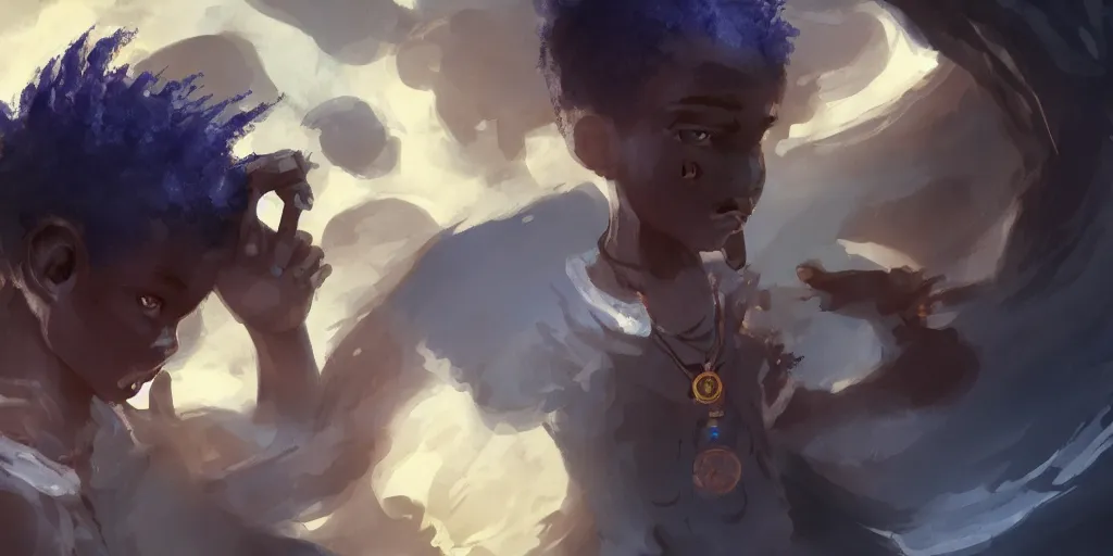 Prompt: concept art of black boy with indigo hair using dream ancestral magic, 8k, epic scene, illustration, artstation, art by riesun