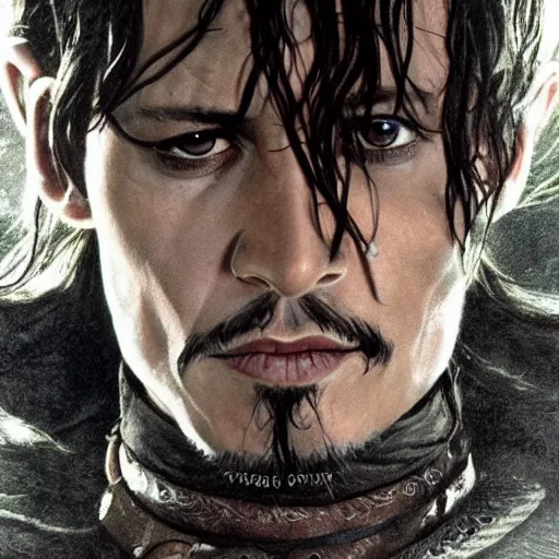 Image similar to symmetry!! portrait of johnny depp starring in the lord of the rings as aragorn, detailed - face!!, artstation, intricate, elegant, highly detailed, film still, nikon, canon eos, zeiss lens, dramatic lighting, sharp - focus!!, art by artgerm and greg rutkowski and alphonso mucha, smooth