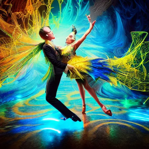 Image similar to Two ballroom dancers dissolving into an explosion of particles, half body shot, waist up, oil spill, neon blue color scheme and lighting, 3d octane render, insanely detailed and intricate, super detailed, fluid sim, golden ratio, ornate, luxury, elite, mark ryden, realistic 3D, hyper realistic