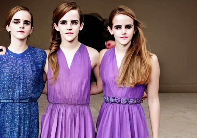 Prompt: a professional fashion model photo of Emma Watson and her twin sisters wearing purple dresses.