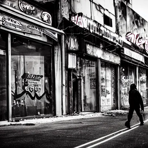 Prompt: thin tendrils of colored smoke whip and swirl around him as he walks down the lonely street of abandoned neon - lit storefronts