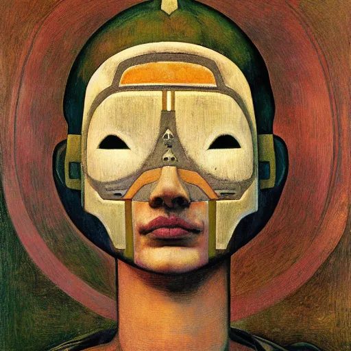 Image similar to the robot girl wearing her bird mask, by annie swynnerton and diego rivera and elihu vedder and lucien freud, symbolist, dramatic lighting, elaborate geometric ornament, head and shoulders view, art brut, soft cool colors, smooth, sharp focus, extremely detailed, adolf wolfli, leo and diane dillon, nicholas roerich