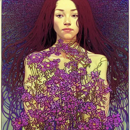 Prompt: portrait of a beautiful healthy wholesome woman made out of wildflowers only flora fauna hyperdetailed intricate detailed maximalist hyperrealism psychedelic nonsensical warped visionary art illusionary art by greg rutowski yoji shinkawa moebius alphonse mucha victo ngai yoji shinkawa apophasis shintaro kago apophasis human body apophasis