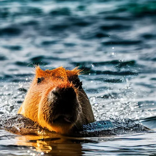 Image similar to a capybara swimming in the ocean while eating a watermelon, cinematic shot, sun rays, photo