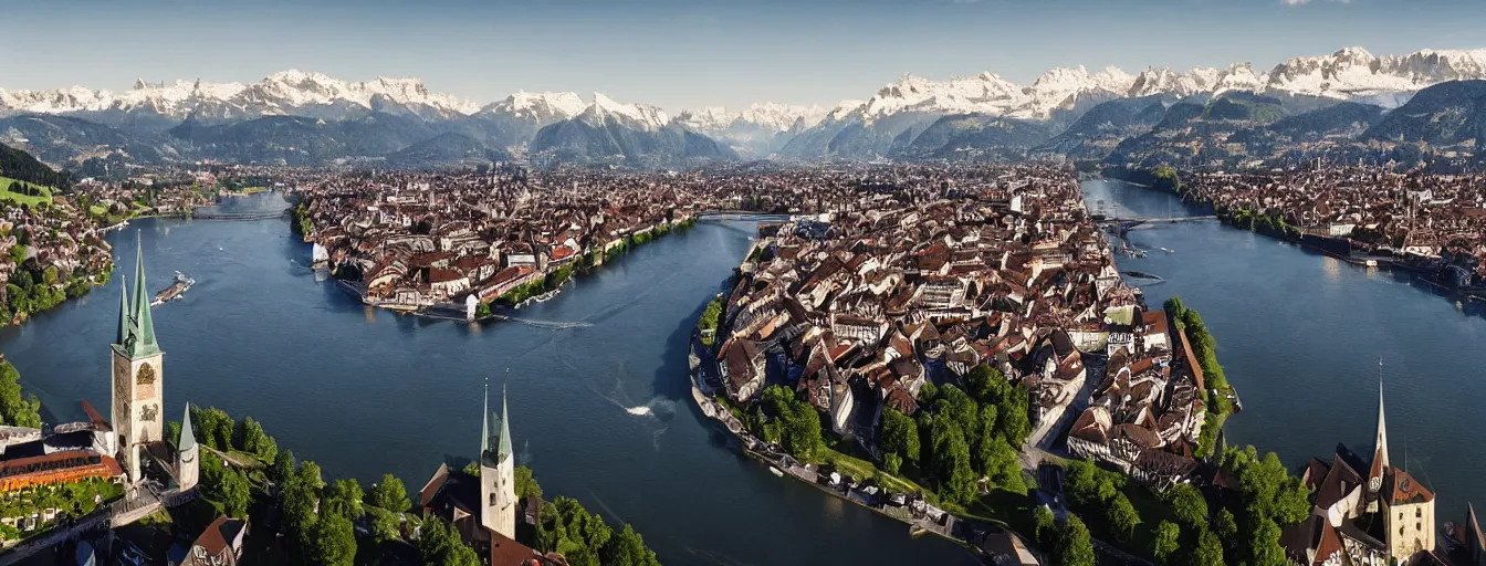 Image similar to Photo of Zurich, looking down the river at the lake and the alps, Hardturm, Grossmünster, wide angle, citypunk, volumetric light, hyperdetailed, mountain water, artstation, cgsociety, 8k