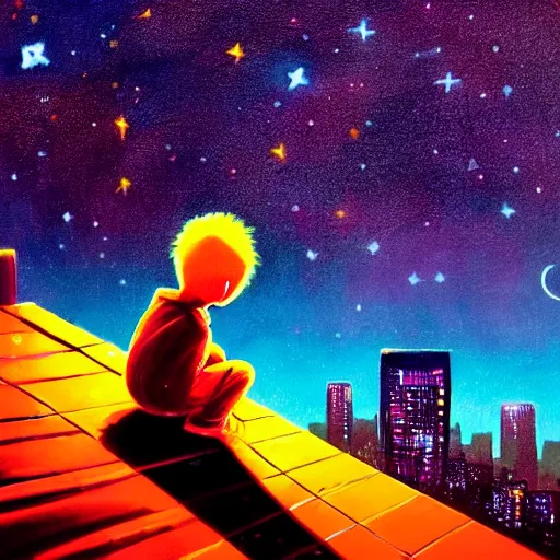Prompt: a kid in a big city, sits on a rooftop, watches a beautiful night full of stars and tech buildings, dramatic, by paul lehr