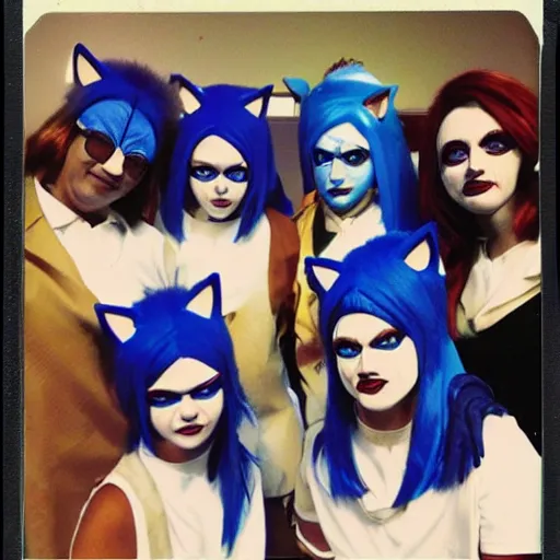 Image similar to polaroid photo of jehovah's witnesses cosplaying sonic characters with makeup, color photo, award winning