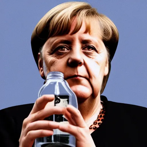 Image similar to angela merkel gopnik style, holding vodka bottle