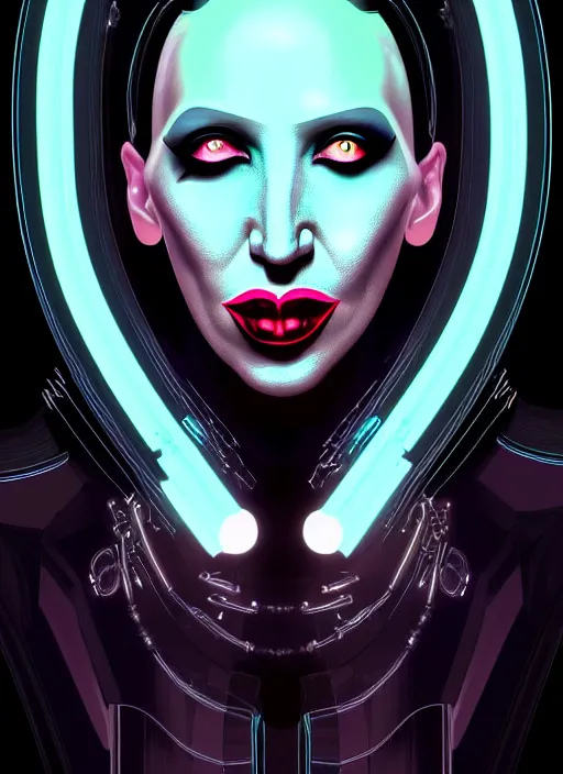 Prompt: portrait of marilyn manson cyber humanoid, intricate, elegant, cyber neon lights, highly detailed, digital painting, artstation, glamor pose, concept art, smooth, sharp focus, illustration, art by artgerm and greg rutkowski