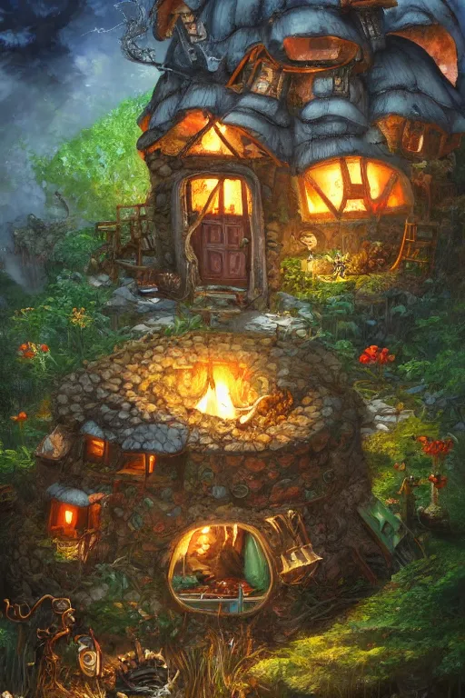 Prompt: A quaint house built into an enormous spotted mushroom with a small garden and a smoking campfire, fantasy oil painting, HD, 4k, 8k, incredibly detailed, intricate, masterpiece, trending on artstation, cgsociety