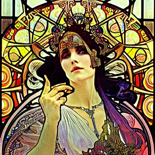 Prompt: burning man, goddess of travel, car, steering wheel, driving gloves, intricate, stained glass by alphonse mucha